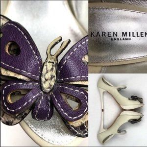 Karen Millen Butterfly Heels Size 7 Cream colored purple snakeskin butterfly